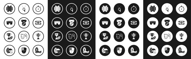 Set Stopwatch, American Football ball with medal, stadium, football field, ticket, Whistle, Award cup and and icon. Vector