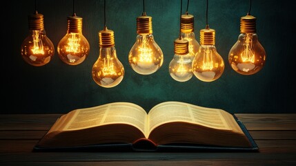 Obraz premium Open book illuminated by hanging vintage light bulbs