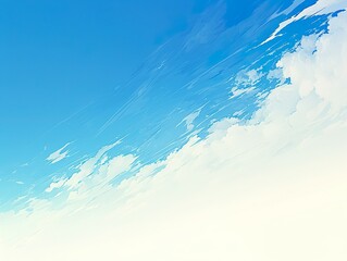 Painted sky background featuring white clouds against a vibrant blue expanse, depicted in an expressive, atmospheric anime or watercolor style. 