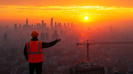 Construction worker overlooking a hazy cityscape at sunrise with a crane silhouetted against the orange sky.
