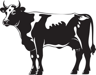 A cute cartoon vector illustration shows a black and white dairy cow with its calf, an isolated farm animal often associated with milk and agriculture
