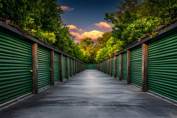 Storage units lined in a row framed by greenery leading towards a vibrant sunset sky.