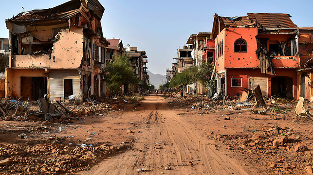 A solitary figure walks down a war-torn street surrounded by bombed-out buildings and debris a stark reminder of conflict.