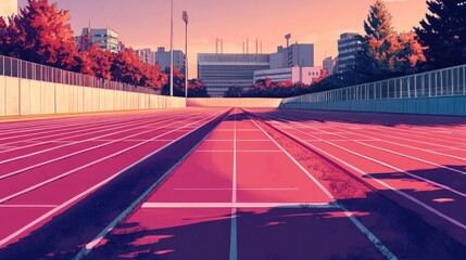 Empty running track at sunset, with city skyline in the background.
