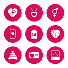 Set Greeting card, Dating app online, Diamond engagement ring, Heart, Wedding cake with heart, Online dating and chat, Gender and Healed broken icon. Vector
