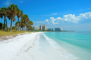 Obraz premium Beach with palms and buildings on a white background