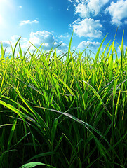 Obraz premium Lush green grass stretches toward a bright blue sky dotted with fluffy white clouds on a sunny day.