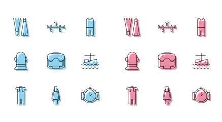 Set line Wetsuit for scuba diving, Carabiner, Rubber flippers swimming, Diving watch, mask, Fishing boat on water, Buoy and Manifold icon. Vector © Oksana