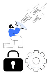 Individual defends against DDoS missiles using shield, alongside padlock and gear symbols. Ideal for cybersecurity, protection, network safety, IT services, data security, risk management, simple
