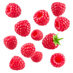 Fresh raspberries falling on transparent background
