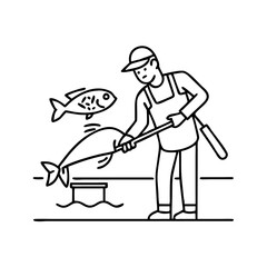 fisherman cleaning a fish icon, fisherman cleaning a fish line art - simple line art of fisherman cleaning a fish, perfect for fisherman cleaning a fish logos and icons