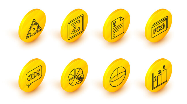 Set line Graph, schedule, chart, diagram, Calculator, Equation solution, Tablet with calculator, Geometric figure Pentagonal prism, Infinity, Square and Chalkboard icon. Vector