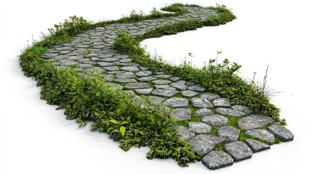 Old cobblestone road meandering through a lush countryside setting on white