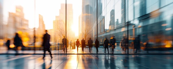 Cityscape rush hour, silhouettes of people walking in a modern urban setting. Sunlight streams through the glass facade of a high-rise building