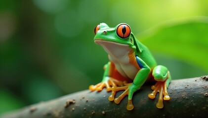 Green tree frog perched on white, vibrant skin, nature photography, background, pure white