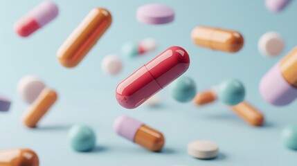 Colorful capsules and tablets floating against a pastel blue background, representing modern medicine and pharmaceuticals.