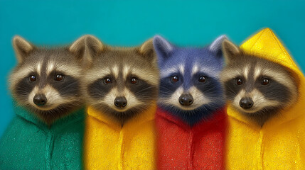 Four raccoons in colorful raincoats, showcasing a playful and stylish concept, ideal for apparel or pet-related designs