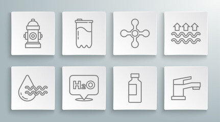 Set line Recycle clean aqua, Water filter cartridge, Chemical formula for H2O, Bottle of water, tap, Waves and evaporation and Fire hydrant icon. Vector