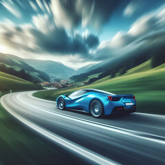 A blue sports car speeds along a winding mountain road, with blurred motion suggesting high speed. Generative AI.