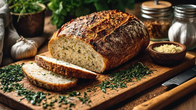 A loaf of bread, sliced on a cutting board with garlic and herbs.