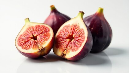 Juicy figs, halved and whole, create a vibrant still life on pure white Above view , sweet, organic