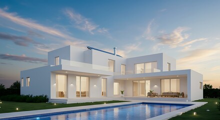 Fototapeta premium Sleek minimalist eco-home featuring white walls, a serene pool, and sustainable architecture set against a tranquil blue sky — modern design meets peaceful living.