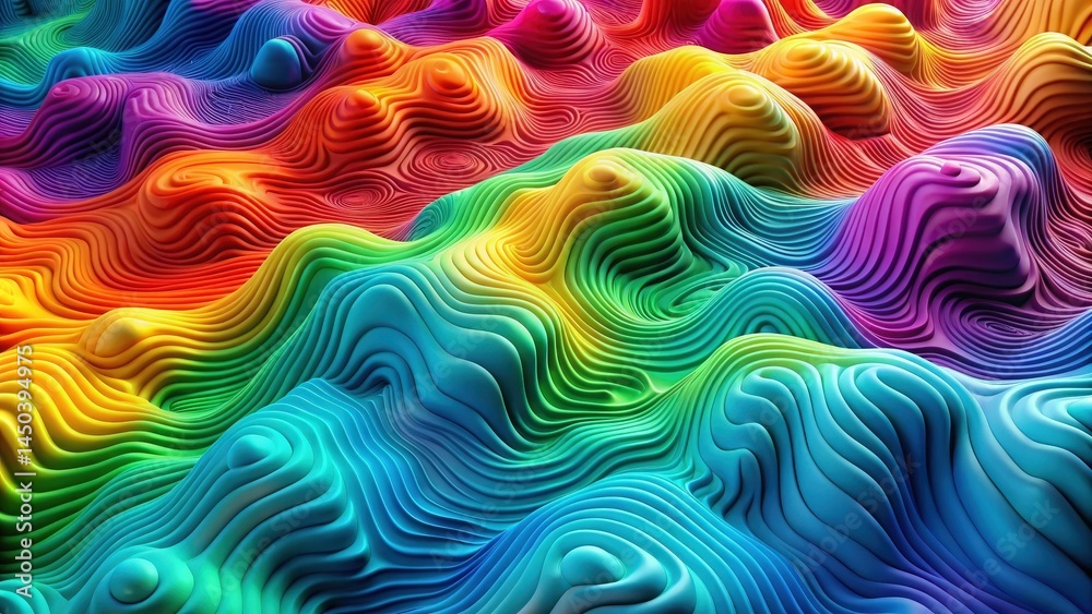 Poster abstract rainbow wavy landscape with vibrant hues and dynamic lines