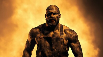 Strong worker exuding confidence in a fiery background  