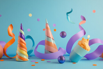 Obraz premium Pastel-colored party hats, unicorn horn, and ribbons on a light-blue background, creating a festive and playful scene, ideal for celebration or children's themes