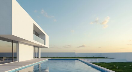 Fototapeta premium Sleek minimalist eco-home featuring white walls, a serene pool, and sustainable architecture set against a tranquil blue sky — modern design meets peaceful living.
