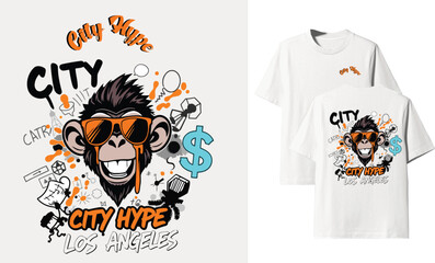 Urban Monkey Hype Vector Illustration for T-Shirt, greeting card, poster, Cool Street Art Los Angeles Style with Graffiti Elements © Chumky
