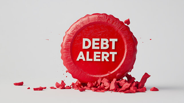 Debt Alert Concept: A crumbling red seal with "Debt Alert" in white letters symbolizes the fragility and urgency of financial debt issues.