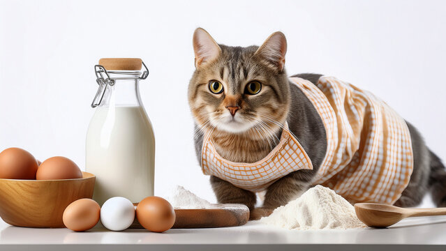 Gato &ldquo;cozinhando&rdquo; com avental e ingredientes ao redor