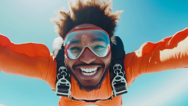 Excited skydiver smiling while free-falling against blue sky  