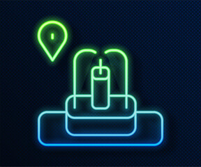 Obraz premium Glowing neon line Location with fountain icon isolated on blue background. Vector