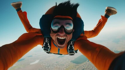 Excited skydiver enjoying freefall with scenic background  