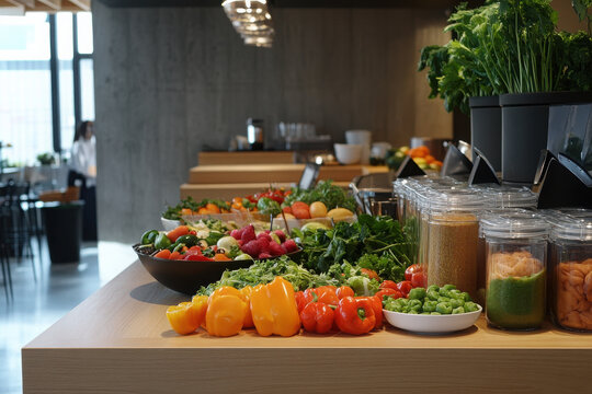 of fresh fruits and vegetables on wooden table vibrant smoothies and vitamin salads organic products in kitchen.