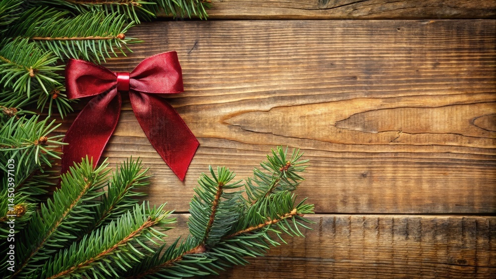Poster festive christmas background with a red bow and pine sprigs on a rustic wood surface