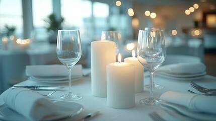 Elegant table setting with white candles and glassware.  Soft light illuminates the scene