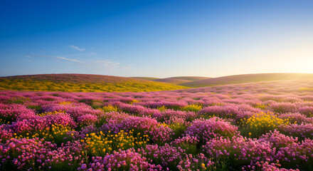 Fototapeta premium Floral Paradise Expansive Meadow Under a Serene Sky at Golden Hour