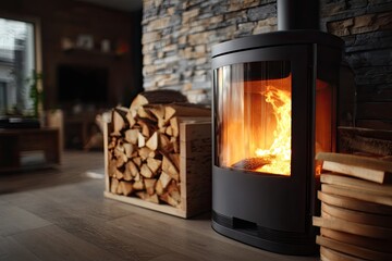 Modern wood-burning stove in a cozy living room with stacked firewood.  Warm flames illuminate the interior