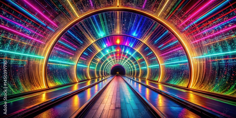 Poster A futuristic tunnel illuminated with vibrant neon lights, leading to an unknown destination. The path ahead is paved with a wooden floor, inviting the viewer to step into the unknown.