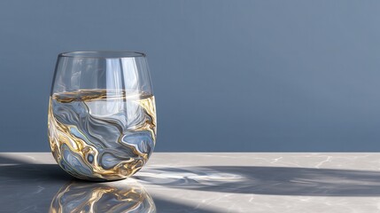 Glass of Water with Abstract Swirl Design on Marble Surface