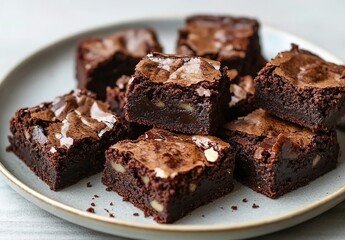 Square chocolate brownies with cracked surfaces on a gray background.