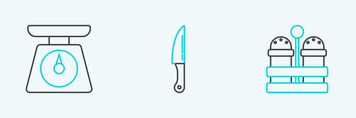 Set line Salt and pepper, Scales and Knife icon. Vector