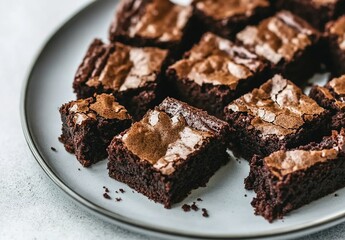 Square chocolate brownies with cracked surfaces on a gray background.