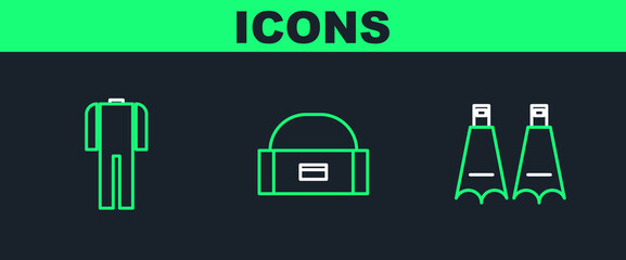 Set line Rubber flippers for swimming, Wetsuit scuba diving and Case box container wobbler icon. Vector © Oksana