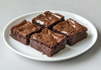 Square chocolate brownies with cracked surfaces on a gray background.