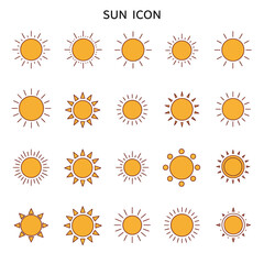 A set of minimalist sun designs showcasing different layouts and ray arrangements, symbolizing sunlight, warmth, energy, and positivity. Perfect for weather or summer thematic projects, infographics, 