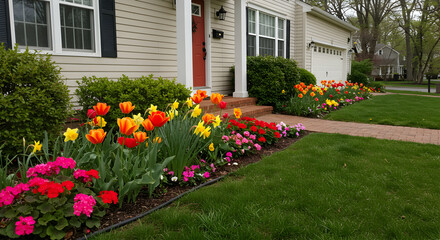 Home Exterior Landscape With Colorful Spring Flowers And Brick Path